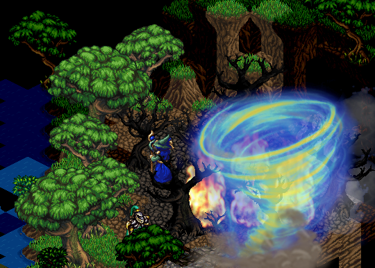 A wizard casts a firestorm spell amid trees